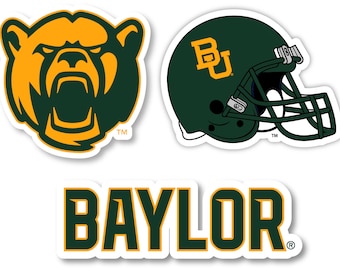 May include: Three green and gold Baylor University decals. The first decal features a bear's head. The second decal features a football helmet with the letters "BU" on the side. The third decal features the word "BAYLOR" in large letters.