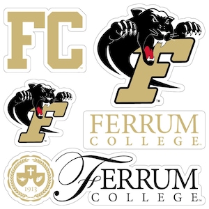 May include: A collection of Ferrum College stickers. The stickers feature the letters "FC" in gold, a black panther with a gold "F", and the words "Ferrum College" in gold and black. Some stickers include the college seal.