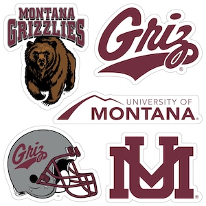 May include: A collection of Montana Grizzlies stickers featuring the team logo, a bear, and the words "Montana Grizzlies" and "University of Montana." The stickers are in maroon, brown, and gray.