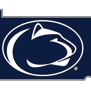 May include: A blue outline of the state of Pennsylvania with a white Nittany Lion mascot inside a white circle.