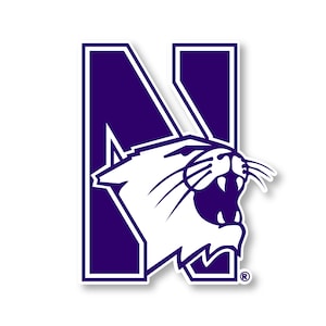 May include: Purple and white logo of a stylized letter N with a white wildcat head inside the letter. The wildcat is facing right and has its mouth open. The letter N has a white outline and a white border.
