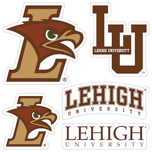 May include: A collection of Lehigh University stickers. The stickers feature the Lehigh University logo, including the school's mascot, a hawk, and the text "LEHIGH UNIVERSITY" in various fonts and arrangements. The color scheme is brown, tan, and white.
