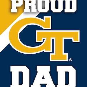 May include: A blue and gold graphic with the text "PROUD GT DAD" in white letters. The "GT" is a stylized gold letter G and T.