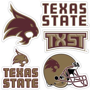 May include: A collection of stickers featuring the Texas State University logo and branding. The stickers include the university's bobcat mascot, the words "TEXAS STATE" in a block font, and a football helmet. The color scheme is maroon, brown, and white.