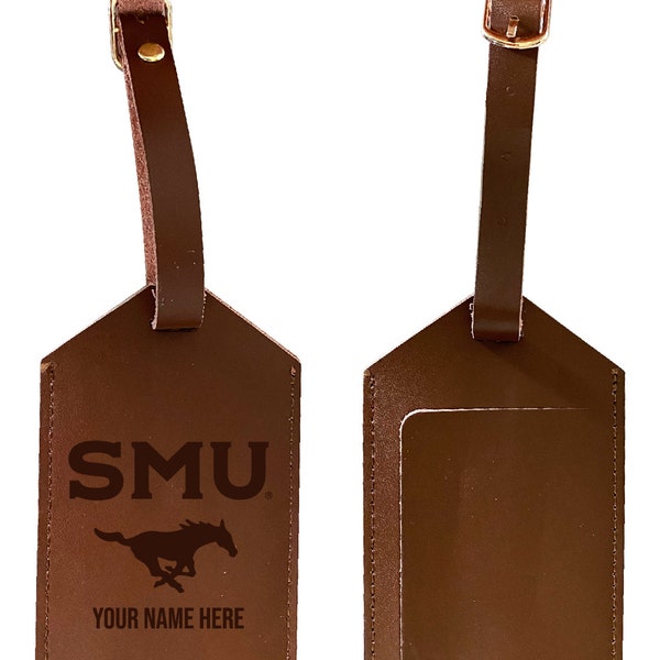 Personalized Customizable Southern Methodist University Engraved Leather Luggage Tag with Custom Name