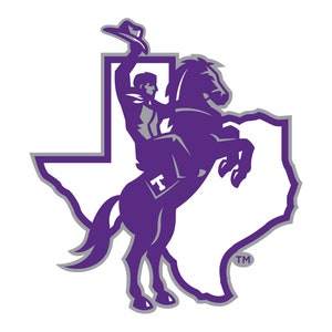 May include: A purple and gray graphic featuring a cowboy riding a rearing horse, set against the outline of the state of Texas. The cowboy is holding his hat up. The letter "T" is on the horse's saddle. The image has a white background.