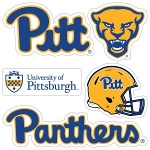 May include: A collection of die-cut stickers featuring the University of Pittsburgh's logos and branding. Includes the word "Pitt" in blue and gold, a panther head, a football helmet, and the word "Panthers".