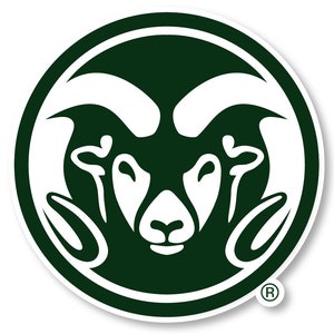 May include: A green and white circular logo with a ram's head in the center. The ram's head is white with black eyes and a black nose. The logo has a white circle around the outside with the word "R" in a circle in the lower right corner.