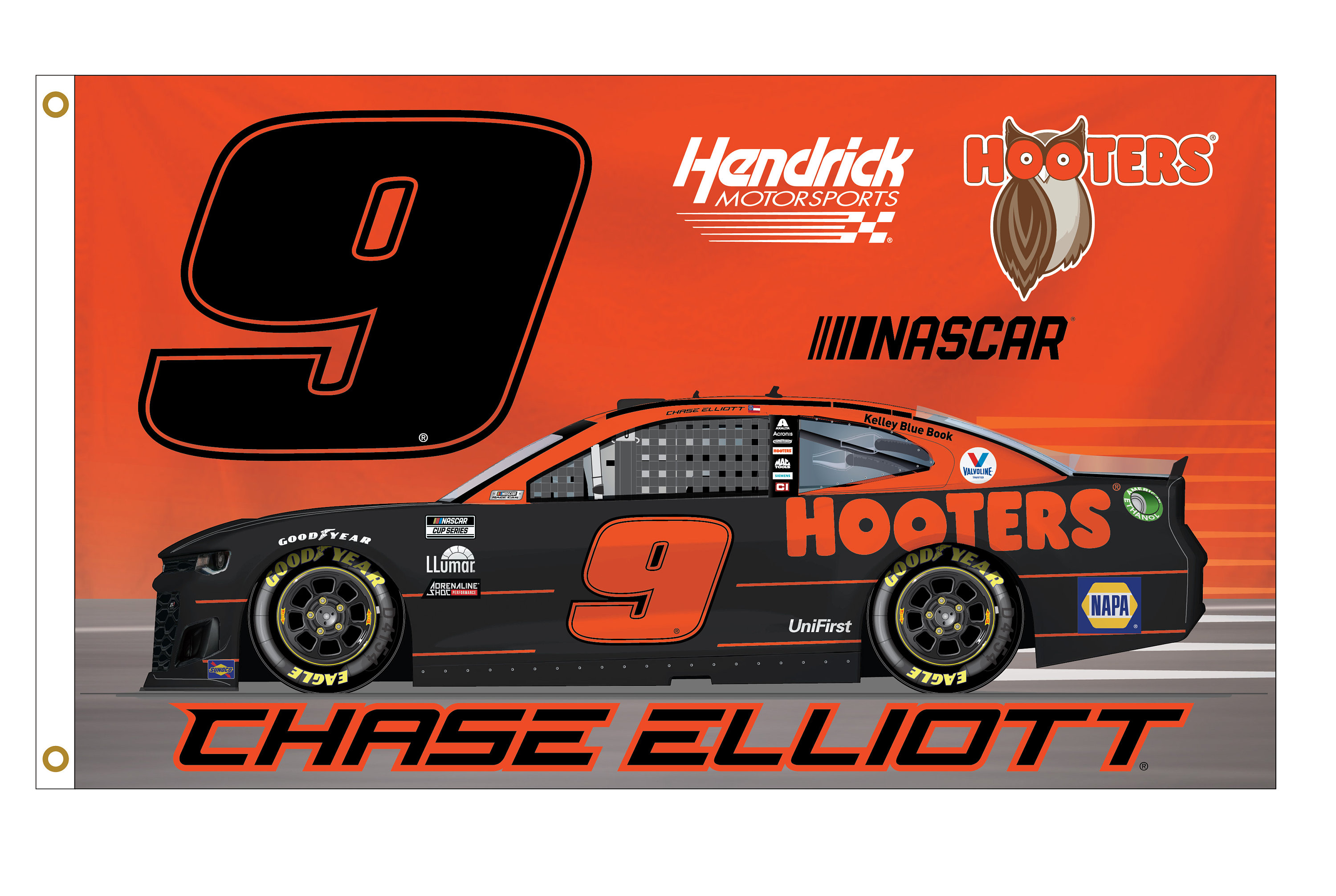 Chase Elliott #9 Hooters Throwback 3x5 One Sided Car Flag