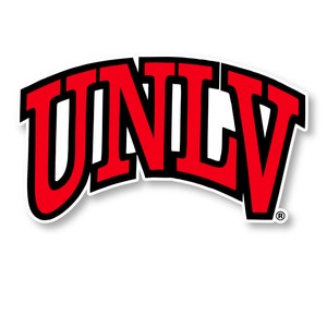 May include: A red and black UNLV logo with a white background. The letters are in a bold, blocky font and are arched.