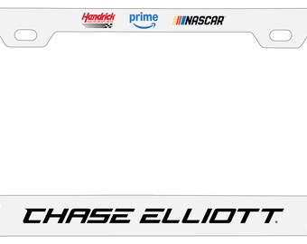 May include: White license plate frame with blue and black text that reads "9 CHASE ELLIOTT 9". The frame also has logos for Hendrick Motorsports, Amazon Prime, and NASCAR.