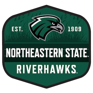 May include: A green and black shield-shaped logo for Northeastern State Riverhawks. The logo features a stylized eagle head, the text "Northeastern State Riverhawks", and the establishment year 1909.