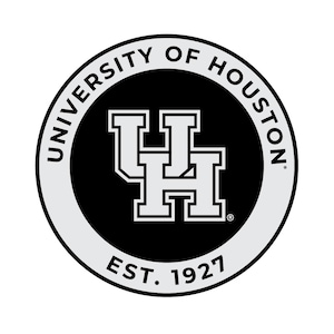 May include: Circular University of Houston logo. The design features a black center with the interlocking letters "UH" in white. The words "UNIVERSITY OF HOUSTON" are in a white ring around the black center. The text "EST. 1927" is at the bottom.