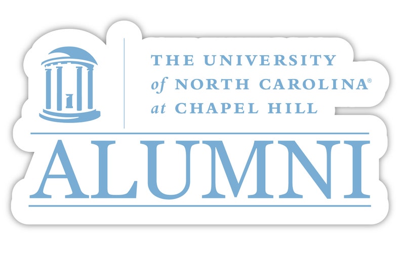May include: A white sticker with a blue logo for the University of North Carolina at Chapel Hill. The logo features a building with columns and a dome. The text "ALUMNI" is written in large blue letters below the logo.