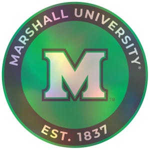 May include: A green and black circular sticker with the text "MARSHALL UNIVERSITY" around the edge. The center of the sticker features a large white "M" with a black outline. The text "EST. 1837" is below the "M".