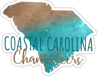 May include: A watercolor illustration of the state of South Carolina in teal and brown colors. The text "COASTAL CAROLINA Chanticleers" is written in teal and brown.