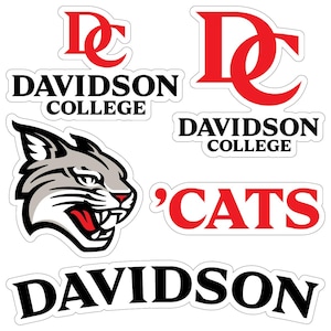 May include: A collection of stickers featuring Davidson College logos and text. The stickers include the Davidson College logo in red, the text "DAVIDSON COLLEGE" in black, and a graphic of a wildcat head. The word "CATS" is also featured.