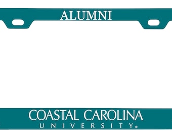May include: Teal blue license plate frame with white text that reads "ALUMNI" at the top and "COASTAL CAROLINA UNIVERSITY" at the bottom. The frame features a teal blue background with a white outline and two small teal blue mascots on either side of the text.