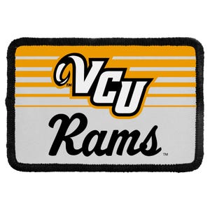 May include: A rectangular embroidered patch with a black border. The top section features horizontal yellow and white stripes with the white VCU logo outlined in black. The bottom section is white with the word Rams in black script lettering.