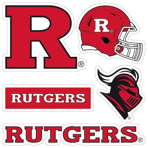 May include: A collection of Rutgers University stickers featuring the letter "R", a football helmet, a knight's head, and the word "RUTGERS" in red and white. The stickers are die-cut with a white border.