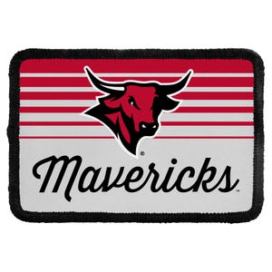 May include: A rectangular patch with a black stitched border. The top section features horizontal red and white stripes with a red bull head graphic. The bottom section is light gray with the black cursive text Mavericks printed across it.