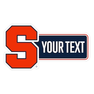 May include: A sticker featuring a large orange letter "S" with a navy blue outline, next to a navy blue rectangle with the words "YOUR TEXT" in white. The sticker has a white border.