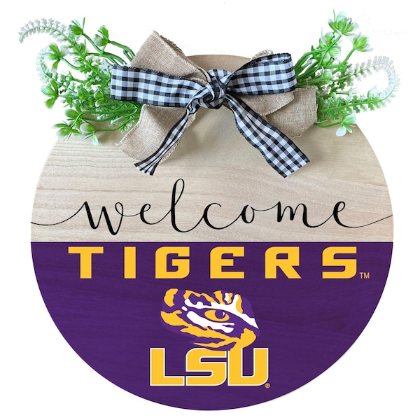 LSU Tigers Wooden Wreath Welcome Sign 11.75" Diameter Officially Licensed Collegiate Product