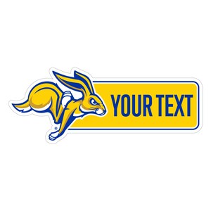 May include: A sticker featuring a yellow and blue jackrabbit in motion. The jackrabbit is running to the left. A yellow rectangle with blue text that reads "YOUR TEXT" is to the right of the jackrabbit.