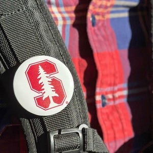 A close-up of a backpack strap with a white circular button featuring a red tree logo attached to it.
