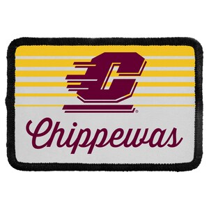 May include: A rectangular embroidered patch with a black stitched border. The design features a maroon letter C with motion lines, set against horizontal yellow and white stripes. Below, the word Chippewas is printed in maroon script.