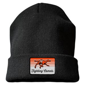 May include: A black knit beanie featuring a rectangular patch on the front cuff. The patch displays a graphic of an orange camel with a white letter C on its back, set against horizontal orange and white stripes with the text Fighting Camels.