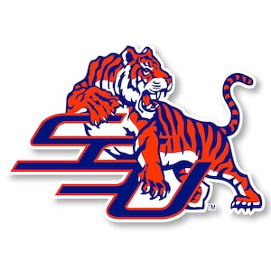 May include: A blue and orange stylized logo of a tiger with a white background. The tiger is leaping over a blue and orange stylized letter "E" with a white outline. The logo has the trademark symbol "TM" in the bottom right corner.
