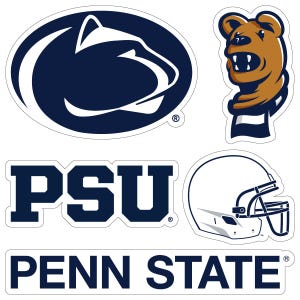 May include: A collection of Penn State University stickers. Includes the PSU logo, a Nittany Lion head, the letters PSU, a football helmet, and the words PENN STATE, all in navy blue and white.