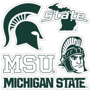 May include: A collection of green and white Michigan State University stickers. The stickers feature the MSU Spartan helmet, the state of Michigan with the word "State", the letters "MSU", and the words "Michigan State".