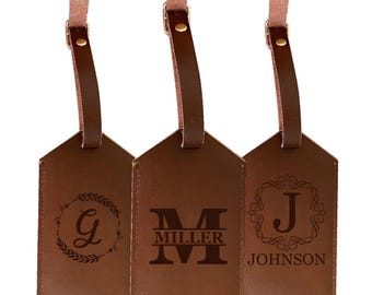 Leather Luggage Tag Engraved - Personalized with Custom Monogram Name and Initial
