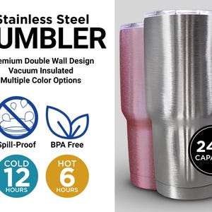 a stainless steel tumbler with a pink lid