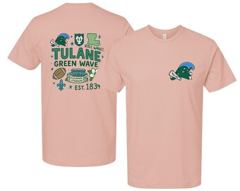 Tulane University Green Wave Officially Licensed Unisex T-Shirt – Left Chest and Large Back, Medley Design