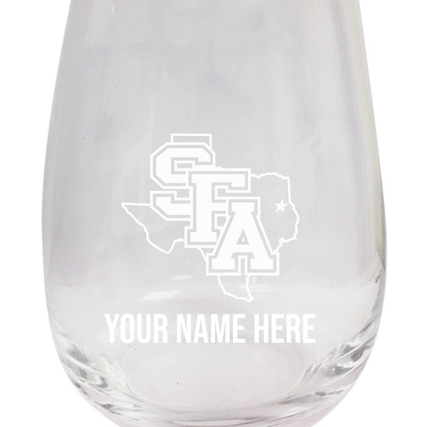 Personalized Customizable Stephen F. Austin State University Etched Stemless Wine Glass 15 oz With Custom Name