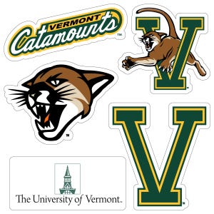 May include: A collection of Vermont Catamounts stickers and logos. Includes a green and yellow script logo, a cougar head, a cougar leaping over a green and yellow "V", and a green and yellow "V" logo. Also includes a logo for The University of Vermont.