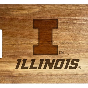 May include: A wooden cutting board with a brown "I" and the word "ILLINOIS" in brown text. The board has a handle.