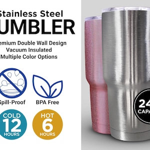 a stainless steel tumbler with a pink lid