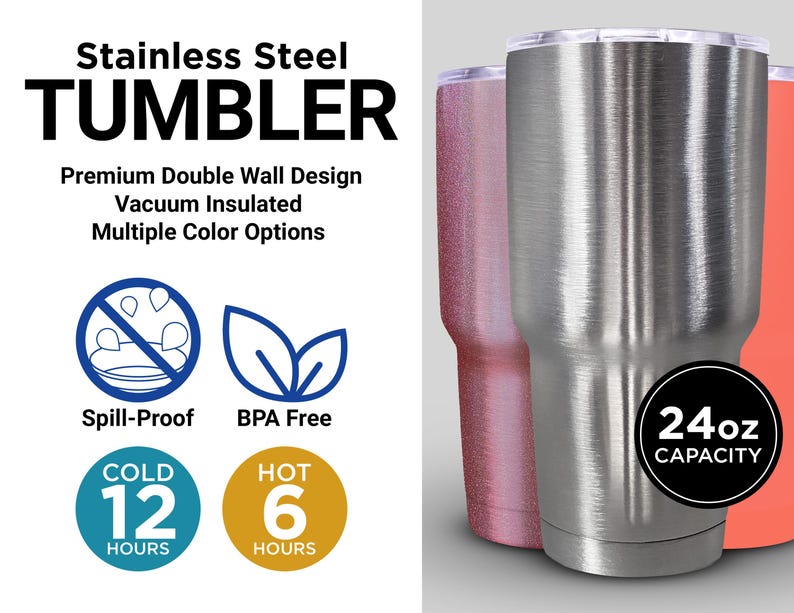 a stainless steel tumbler with a pink lid