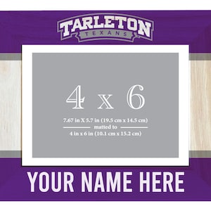 May include: A purple and white wood picture frame with the text "TARLETON TEXANS" in silver lettering. The frame is designed to hold a 4x6 inch photo and has the dimensions 7.67 inches by 5.7 inches. The text "YOUR NAME HERE" is printed in white at the bottom of the frame.