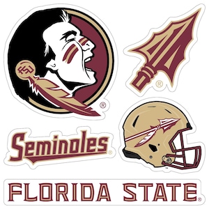 May include: A collection of die-cut stickers featuring the Florida State Seminoles logo and imagery. Includes a profile of a Native American, a spear, a football helmet, and the words "Seminoles" and "Florida State" in maroon and gold.