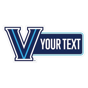 May include: A sticker featuring a stylized blue and white letter "V" with a dark blue rectangle to the right. The rectangle contains the words "YOUR TEXT" in white, with a light blue border.