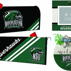 May include: A collection of Northeastern State Riverhawks themed items. Includes a black and green mailbox, a 4x6 photo frame, and a wooden welcome sign. The items feature the school's logo and colors.