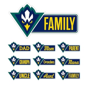 May include: A collection of family-themed stickers featuring a stylized eagle design in white, yellow, and dark teal. The stickers include the word "FAMILY" and labels for family members like "DAD," "Mom," and "Grandma."