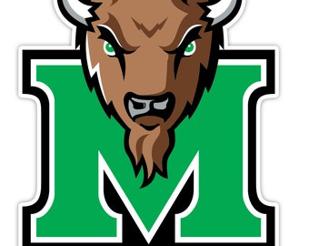 May include: A green "M" with a black outline and the word "MARSHALL" below it. A brown buffalo head with green eyes is centered in the "M".