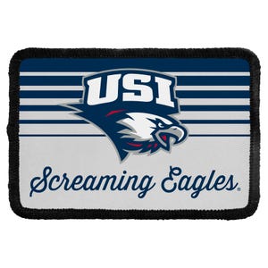May include: A rectangular patch with a black stitched border featuring a navy blue and white striped background. The center displays a white USI logo above a stylized eagle head graphic in navy, white, and red. The text Screaming Eagles is printed in navy blue script below the eagle graphic.