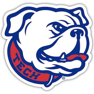 May include: A white bulldog mascot with a blue outline and a red collar with the word "TECH" in blue lettering. The mascot has a fierce expression and is looking to the right.